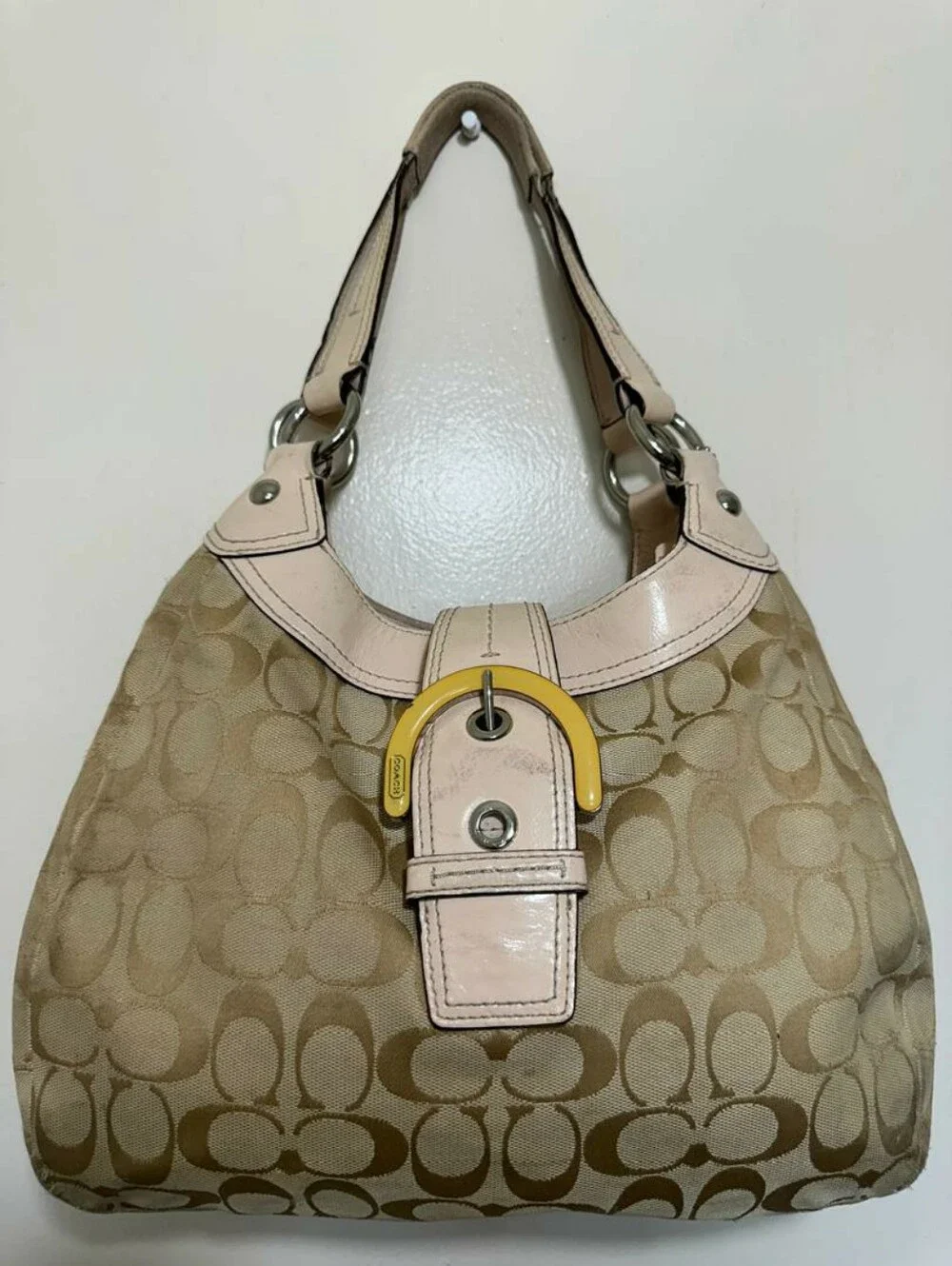 Coach Vintage Y2K Khaki Satchel Handbag with Pink Lining